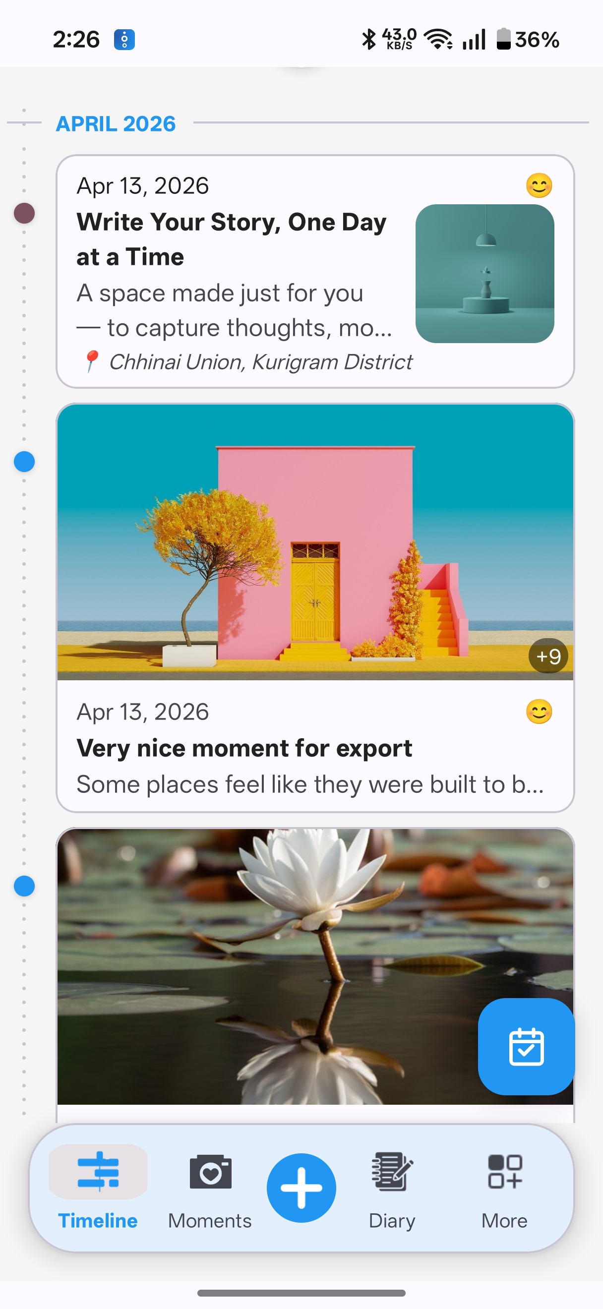 TimeLine app showing a timeline of Moments and Diary entries